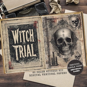 Puede incluir: Libro abierto con páginas de estilo vintage. La página izquierda muestra "WITCH TRIAL" en letras audaces y desgastadas. La página derecha presenta una ilustración de calavera con la palabra "SALEM" encima. La palabra "FIREE" está debajo.