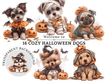 Halloween Hundar Clipart: Läskiga Kostymer, Hundälskare PNG (Digital Nedladdning)