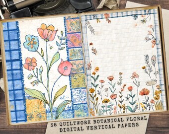 Könnte beinhalten: Offenes Journal mit floralen Illustrationen und linierten Seiten. Die linke Seite zeigt ein großes Blumendesign mit blauen, orangefarbenen und rosa Blüten. Die rechte Seite hat einen Rand aus kleineren Blumen. Der Text unten lautet "38 Quiltwork Botanical Floral Digital Vertical Papers."