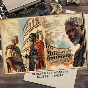 Pages de journal indésirable du gladiateur afro-américain - Kit de scrapbooking numérique - éphémères vintage - Art historique du soldat romain - mythologie grecque