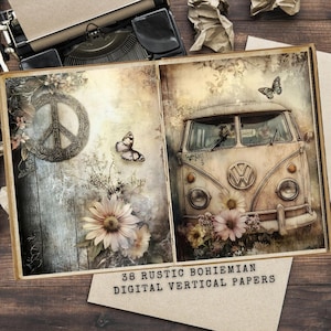 Papel digital bohemio para álbumes de recortes, efímeras imprimibles y caprichosas, hojas de collage coloridas para un diario creativo, efímeras bohemias, chica hippie