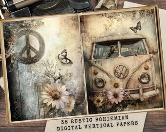 May include: A digital paper pack with 38 rustic bohemian vertical designs. The designs feature a vintage VW van, peace sign, butterflies, and flowers in shades of brown, beige, and pink.