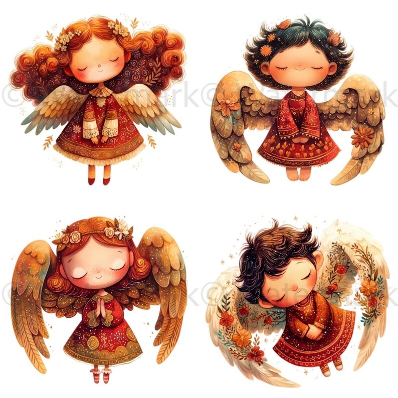 May include: Four watercolor illustrations of angels with wings. Each angel has a different hairstyle and is wearing a red and gold dress. The angels have closed eyes and are depicted with a peaceful expression.
