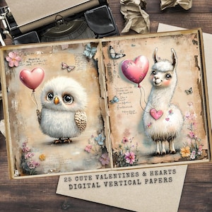 Cute Valentine Junk Journal Kit - Printable Valentine - Mix & Match Pages - Digital Download - Romantic Valentine Animals holding hearts