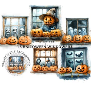 May include: Watercolor illustration of Halloween windowsills featuring pumpkins, ghosts, skeletons, and bats. The image includes the text "Welcome to 15 HALLOWEEN WINDOWSILL" and a transparent background graphic.