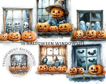May include: Watercolor illustration of Halloween windowsills featuring pumpkins, ghosts, skeletons, and bats. The image includes the text "Welcome to 15 HALLOWEEN WINDOWSILL" and a transparent background graphic.