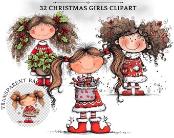 Kerstpoppen-clipartbundel: eigenzinnige handgetekende meisjes, transparant png-bestand (digitale download, deel 2)