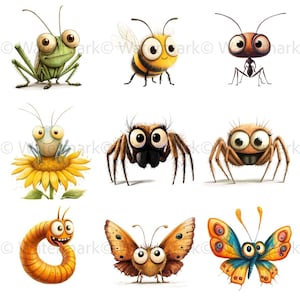 May include: Nine cartoon insects with large eyes and bright colors. The insects include a grasshopper, bee, ant, spider, butterfly, and caterpillar.