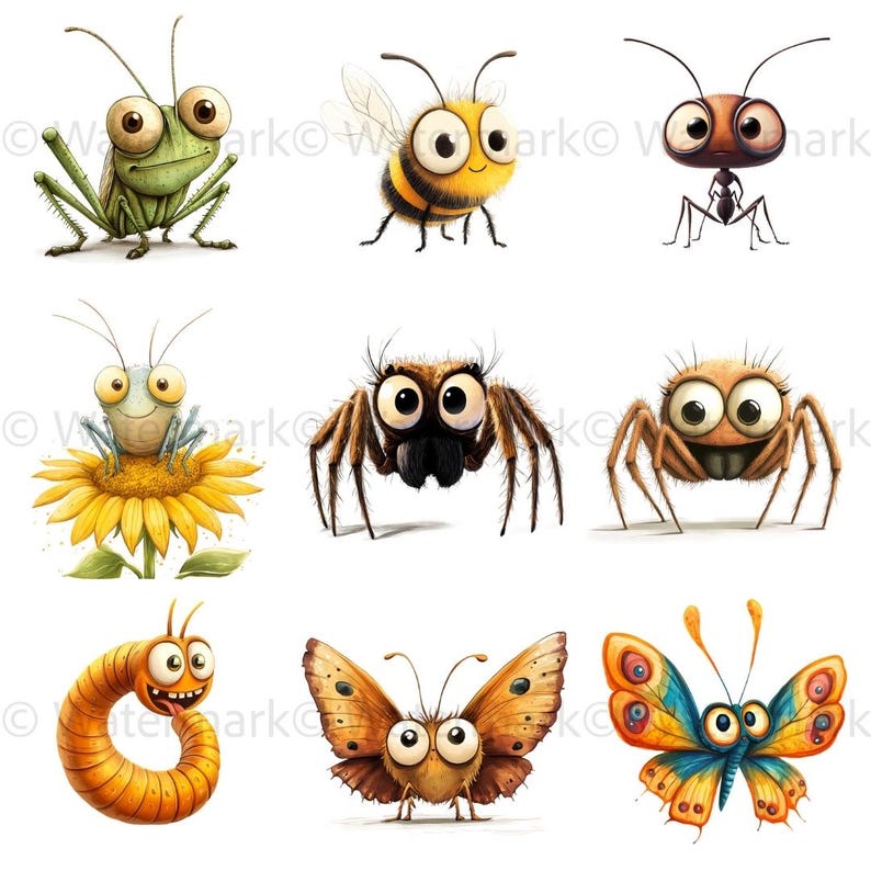 May include: Nine cartoon insects with large eyes and bright colors. The insects include a grasshopper, bee, ant, spider, butterfly, and caterpillar.