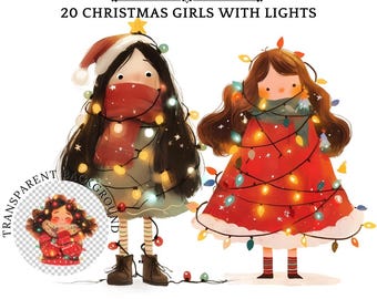 Christmas Girls with Lights Clipart: Whimsical Holiday PNG (Digital Download)