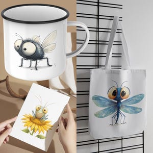 May include: A set of three products featuring cartoon insects. A white enamel mug with a black rim features a cartoon fly with large eyes. A white tote bag features a cartoon dragonfly with blue wings. A white card features a cartoon grasshopper on a yellow sunflower.