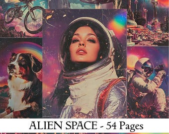 May include: A collage of images with a space theme. The main image features a woman wearing a white astronaut suit with a rainbow background. Other images include a dog, a spaceship, and a cityscape.