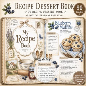 May include: A digital recipe book with 90 pages featuring illustrations of blueberries, lavender, a mixing bowl, a rolling pin, and a jar. The pages display text including 'My Recipe Book', 'Blueberry Muffins', ingredients, and baking instructions.