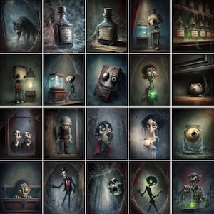 May include: A collection of eerie illustrations featuring gothic and fantasy themes. Images include a wolf, potion bottles labeled "Magic Spell", and various spooky characters. The artwork has a dark, vintage aesthetic with cobwebs and a mysterious atmosphere.