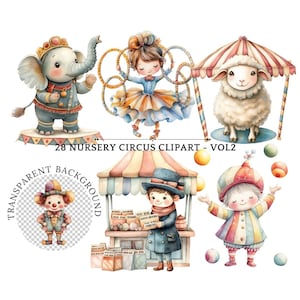 Leuke vintage aquarel circusdieren clipart - schattige pastel carnaval graphics voor kinderen - digitale download - pastel circus aquarel VOL2