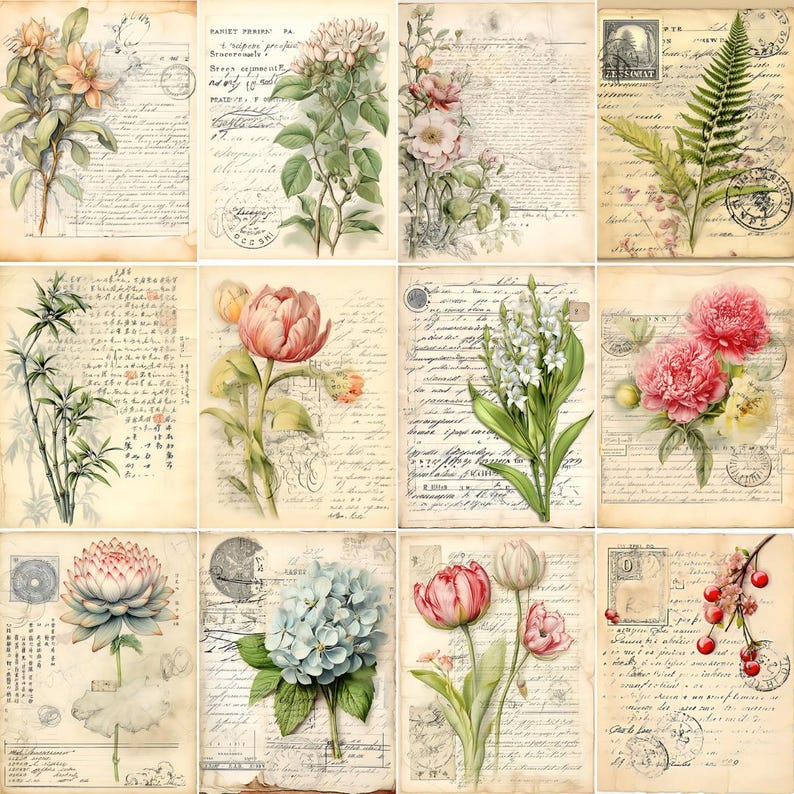 Puede incluir: Una colecci&oacute;n de doce l&aacute;minas de arte bot&aacute;nico de estilo vintage. Cada l&aacute;mina presenta un arreglo floral diferente, incluyendo rosas, peon&iacute;as y tulipanes, sobre un fondo de papel envejecido con escritura manuscrita y sellos.