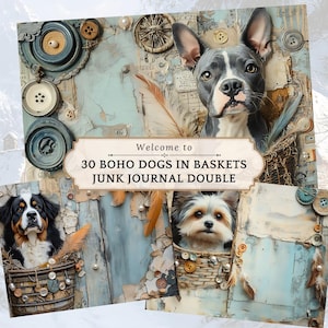 Kit diario di spazzatura per cani, materiale effimero stampabile, pagine di album di ritagli vintage, materiali di artigianato digitale per amanti dei cani, cani boho, cani boho in cestino