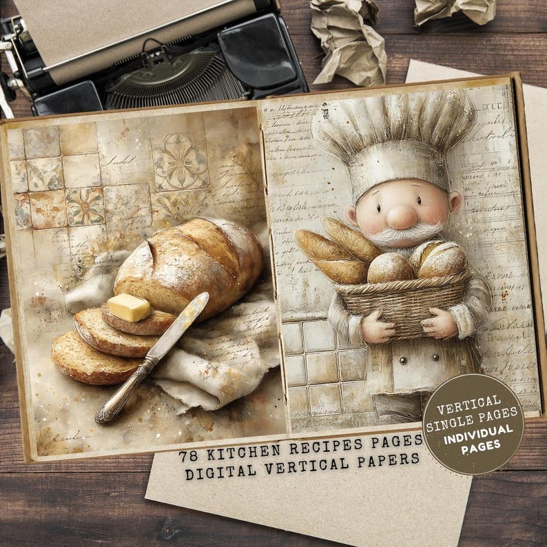May include: An open book with illustrations of bread, butter, and a chef holding a basket of baked goods. The text reads "78 Kitchen Recipes Pages Digital Vertical Papers" and "Vertical Single Pages Individual Pages".