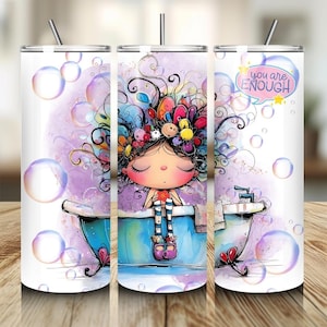 Afirmações de embrulho de copo de menina fofa e peculiar Tumbler Wrap Pacote Positivo Tumbler PNG Copo motivacional de 20 onças de amor próprio Inspirador Wrap