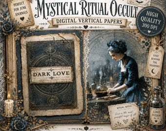 May include: A digital collection of 64 mystical ritual occult vertical papers featuring vintage book pages, a person in a dark dress working with potions, and labels with text including Dark Love, Love Potion No. 9, and Secrets Whispered in the Dark.