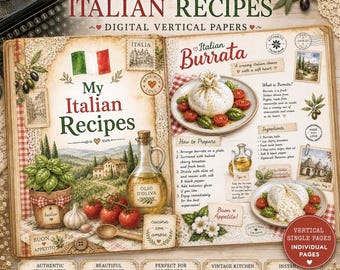 Italian Cookbook Journal Kit, Mediterranean Recipe Pages, European Kitchen Ephemera, Vintage Food Printables