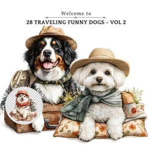 Perros viajeros con maletas PARTE II - Clipart de perros divertidos y locos - Gráficos de perros lindos - Arte digital para camisetas y tazas - Clipart de perros lindos