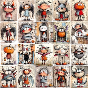 May include: A collection of whimsical Halloween-themed illustrations featuring various cartoon monsters. Each character is uniquely designed with vibrant colors, including orange, red, and blue, and detailed textures. The monsters have wings, horns, and other fantastical features.