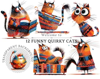 Quirky Cat Clipart PNG: Boho Whimsical Illustrations Transparent Background (Digital Download)