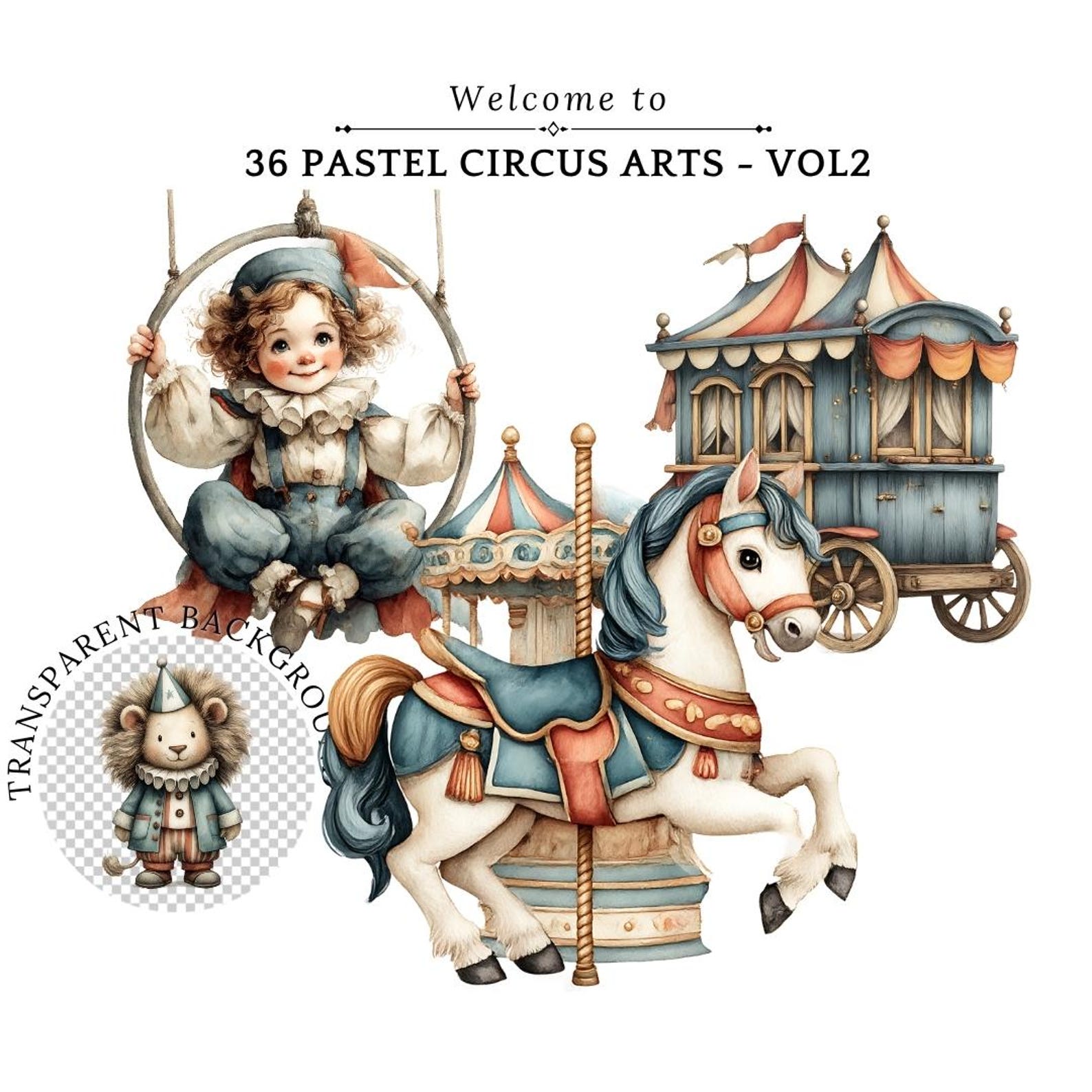 Pastel Circus Tent Clipart: Watercolor Carnival Animals (digital ...