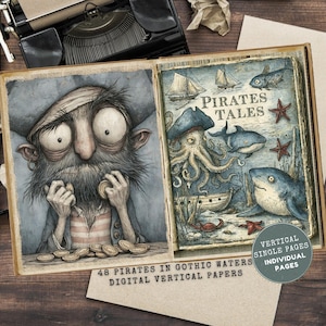 Könnte beinhalten: Ein aufgeschlagenes, illustriertes Buch mit Piratenmotiven. Die linke Seite zeigt einen Cartoon-Piraten, die rechte Seite den Titel "Pirates Tales" mit Bildern von Haien, einem Oktopus und Segelbooten. Der Text lautet "48 Pirates in Gothic Waters" und "Digital Vertical Papers."