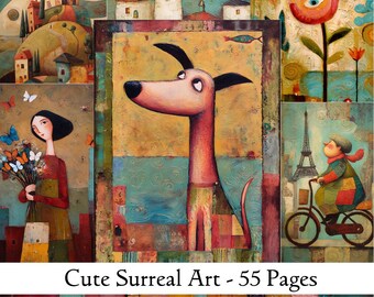 May include: A collection of surreal art prints featuring whimsical illustrations. The central image showcases a dog with a long neck and a whimsical expression. Other panels include a woman with butterflies, a flower with an eye, and a person riding a bicycle. The text reads "Cute Surreal Art - 55 Pages."