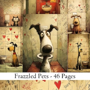 Zerfetztes Hunde Junk Journal, Schrulliges Hund Junk Journal Kit, Lustige schrulligen Hunde im Badezimmer, Katzen, Scrapbooking, hochwertige JPGs