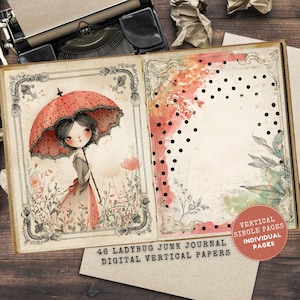 Puede incluir: Diario basura abierto con una ilustración vintage de una niña con un paraguas rojo. Las páginas del diario presentan diseños florales y de lunares. El texto dice "46 Ladybug Junk Journal Digital Vertical Papers" y "Vertical Single Pages Individual Pages."