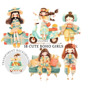 18 Boho Girl Clipart, Yoga Girl, Gym Boho Girl, Cute Whimsical Girl, Scrapbooking Girls, Download instantâneo, Boneca fofa, DIY Journal Ephemera
