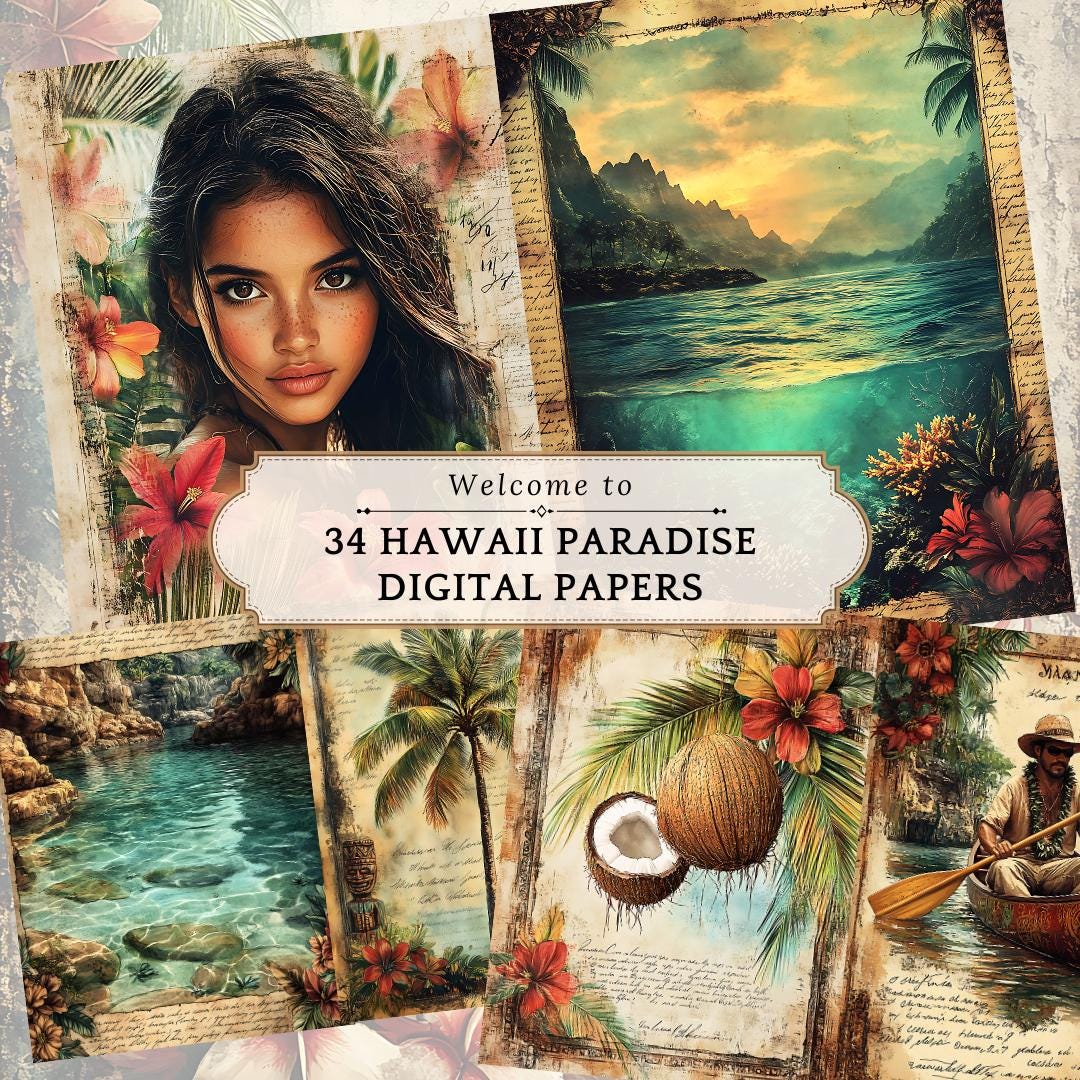 Vintage Hawaiian Junk Journal Pages: Tropical Scrapbook Paper (digital ...