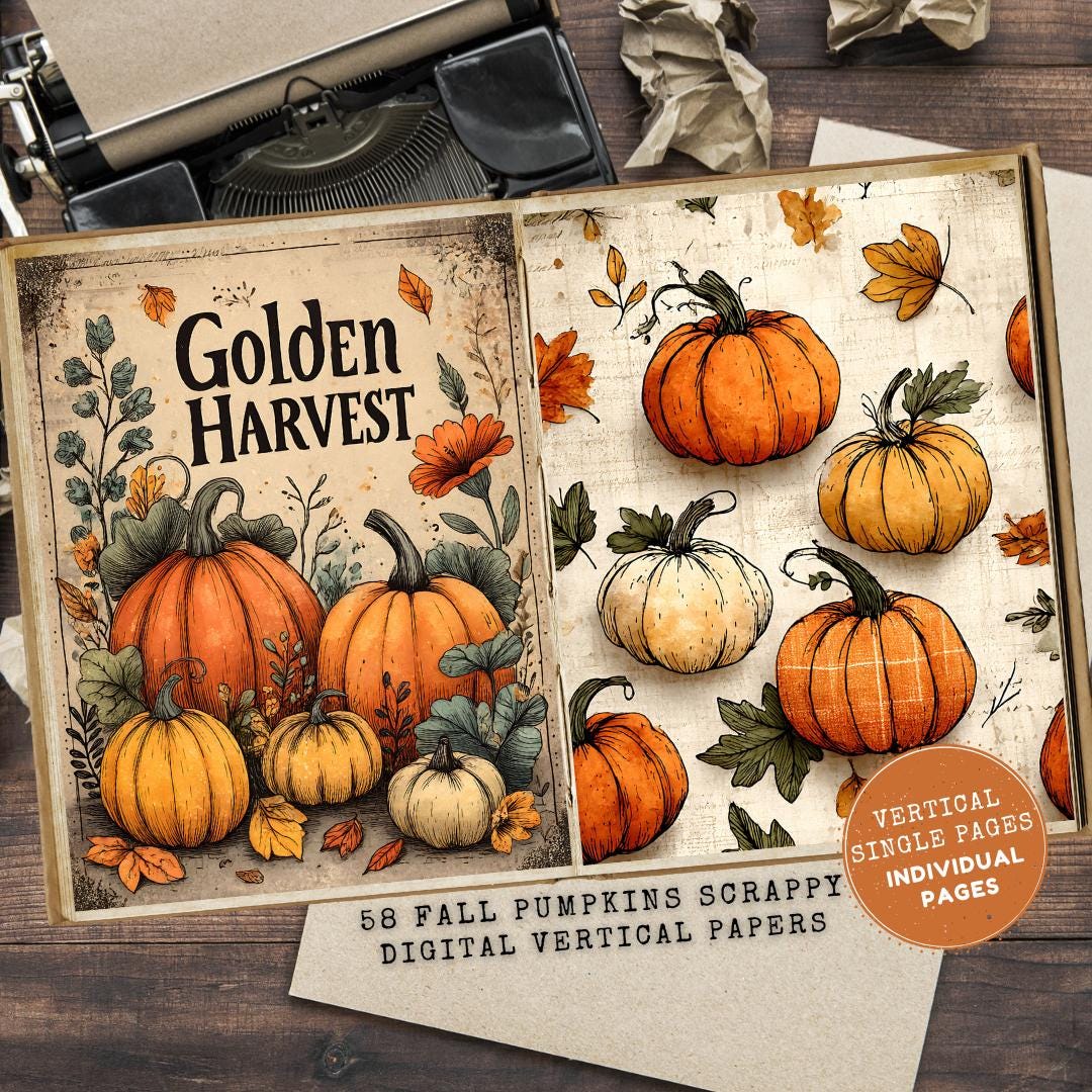 Fall Pumpkins Scrappy Paper: Autumn Junk Journal Pages Vintage Ephemera ...