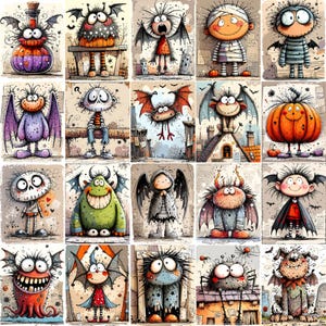 May include: A collage of 20 whimsical, cartoonish monster illustrations. Each monster has unique features, including bat wings, horns, and various colors. The artwork has a textured, vintage style, perfect for Halloween or spooky-themed decor.
