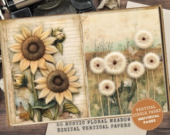 May include: Open book with digital vertical papers featuring sunflower and dandelion illustrations. The left page has sunflowers, and the right page has dandelions. The text reads "50 RUSTIC FLORAL MEADOW DIGITAL VERTICAL PAPERS" and "VERTICAL SINGLE PAGES INDIVIDUAL PAGES".