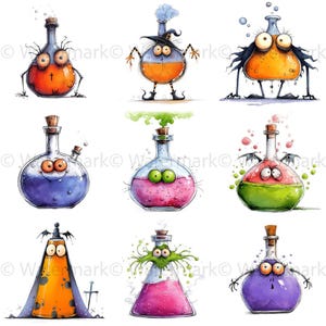 May include: A collection of nine whimsical, cartoon-style potion bottles. Each bottle features a unique design with expressive faces, cork stoppers, and colorful liquids. The bottles are orange, blue, pink, and green, with various decorative elements.