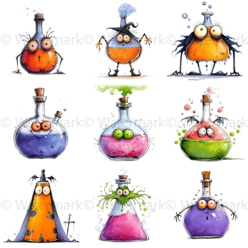 May include: A collection of nine whimsical, cartoon-style potion bottles. Each bottle features a unique design with expressive faces, cork stoppers, and colorful liquids. The bottles are orange, blue, pink, and green, with various decorative elements.