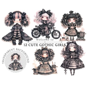 Gothic Doll Clipart PNG, Gothic Girl Clipart, Whimsical Girls, Fashion Girl Clipart, Mixed Media Clipart, Junk Journal Kit, Scrapbooking