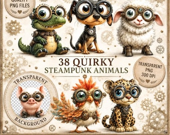 Whimsical Steampunk Animals Clipart Bundle (PNG Digital Download)