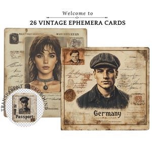 Ephemera e passaportes vintage | Clipart de cartões de identificação antigos | Papel de diário de lixo e cortes exigentes | Ephemera de cartão de identificação de álbum de recortes digital para artesanato