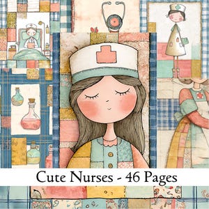 Zestaw Cute Nurse Junk Journal, strony cyfrowego albumu, prezent dla pielęgniarki, rysunki pikowanej kołdry Coquette z kreskówek pielęgniarki, efemerydy