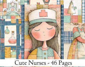 Op de afbeelding: Een digitaal papierpakket met een patchwork-quiltontwerp met schattige verpleegsters met rode kruisen op hun hoeden. De titel "Cute Nurses - 46 Pages" staat onderaan de afbeelding.