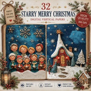 Op de afbeelding: Een digitale collectie van 32 verticale Starry Merry Christmas papieren met een illustratie van een open boek. De linkerpagina toont een groep mensen met kaarsen, de rechterpagina een besneeuwd huis met een ster en sneeuwvlokken.
