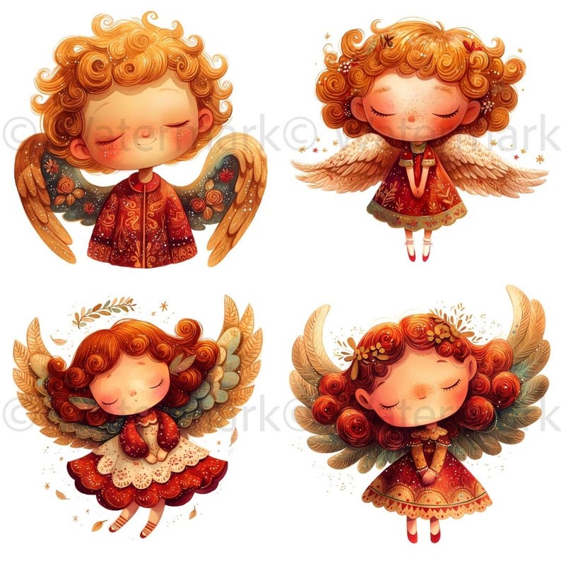 May include: Four illustrations of angels with wings, each with a different hairstyle and expression. The angels are wearing red and gold dresses with white accents. The background is white.