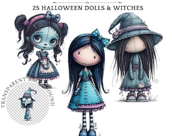 Voodoo Doll Clipart: Spooky Halloween PNG Girls and Witches (Digital Download 7x7in)