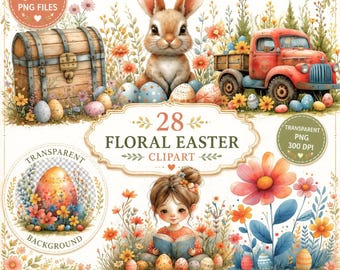 Watercolor Easter Clipart PNG Bundle: Floral Farmhouse Illustrations (Digital Download)
