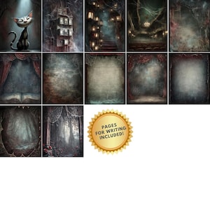 May include: A collection of digital backgrounds with a spooky, gothic theme. The images include a grinning black cat, cobwebs, a staircase with lanterns, a theater, and a forest. The text "PAGES FOR WRITING INCLUDED!" is also present.